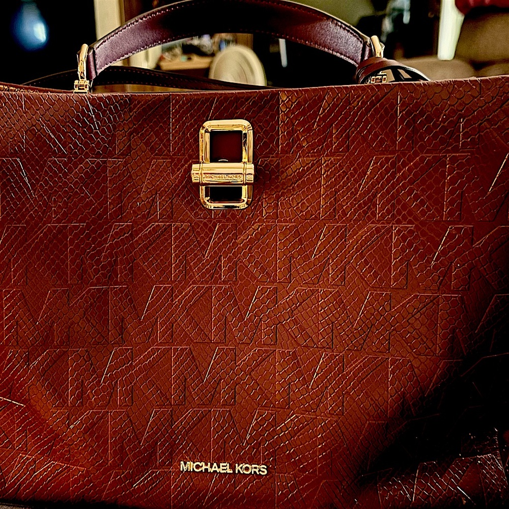 Michael Kors Deep Burgundy Embossed Leather Tote with Gold Hardware